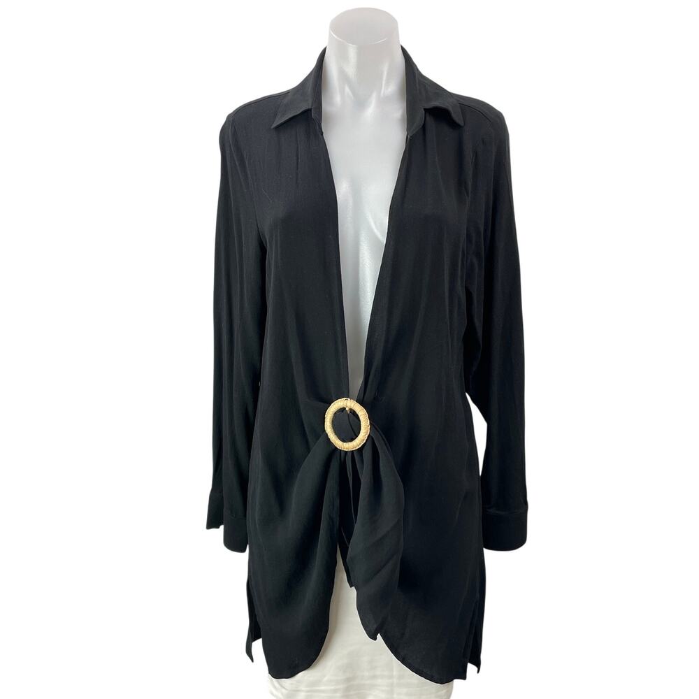 PQ Swim Millie Womens Black Long Sleeves Gold Ring Buckle Collared Cover Up XS/S